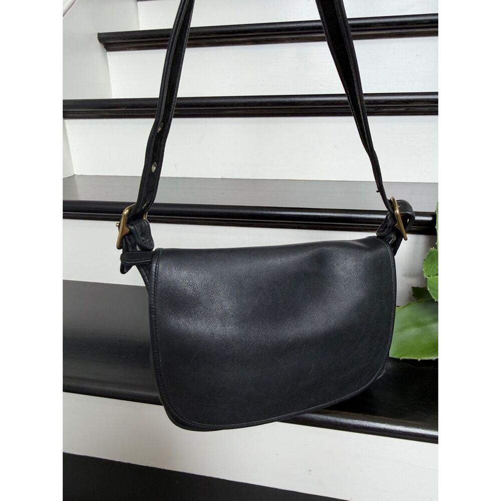 Vintage genuine leather shoulder bag black flap purse brass buckle crossbody bag